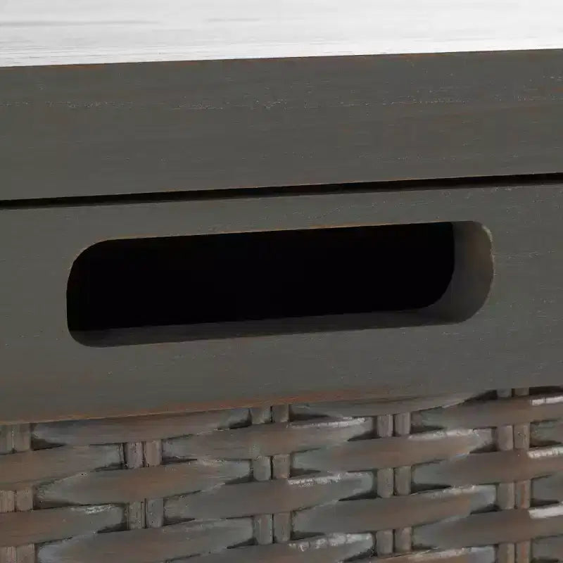 Pine Wood Media Console with Wicker Drawer Fronts and Pewter Frame
