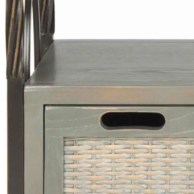 Pine Wood Media Console with Wicker Drawer Fronts and Pewter Frame