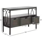 Pine Wood Media Console with Wicker Drawer Fronts and Pewter Frame