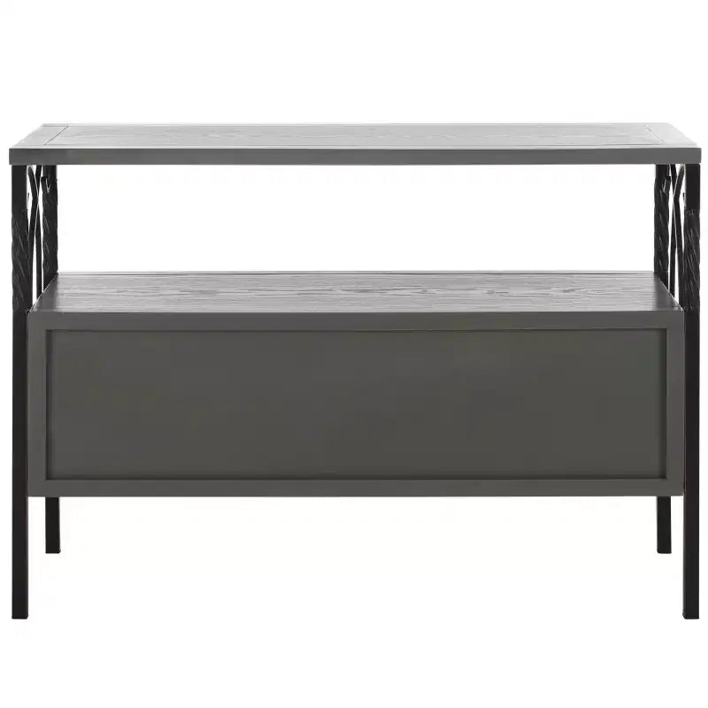 Pine Wood Media Console with Wicker Drawer Fronts and Pewter Frame