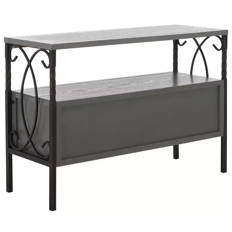 Pine Wood Media Console with Wicker Drawer Fronts and Pewter Frame