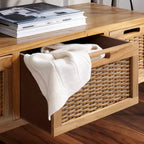 Pine Wood Media Console with Wicker Drawer Fronts and Pewter Frame