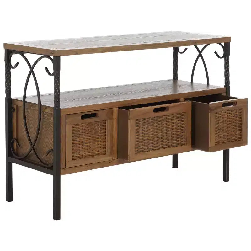 Pine Wood Media Console with Wicker Drawer Fronts and Pewter Frame