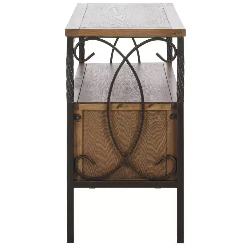 Pine Wood Media Console with Wicker Drawer Fronts and Pewter Frame