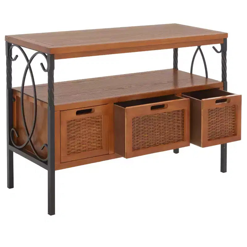 Pine Wood Media Console with Wicker Drawer Fronts and Pewter Frame