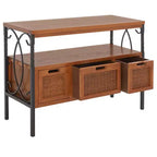 Pine Wood Media Console with Wicker Drawer Fronts and Pewter Frame