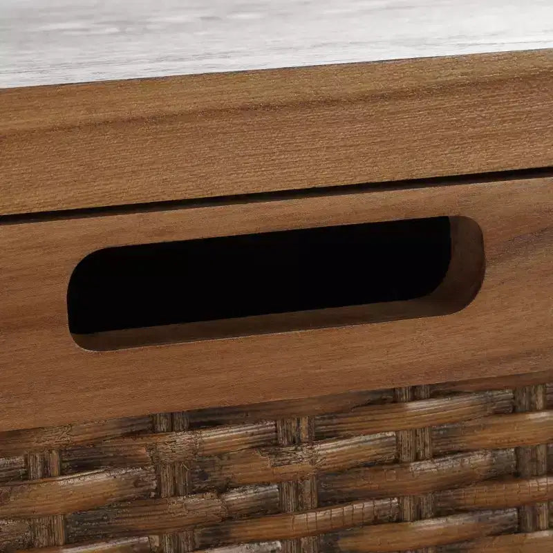 Pine Wood Media Console with Wicker Drawer Fronts and Pewter Frame