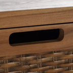 Pine Wood Media Console with Wicker Drawer Fronts and Pewter Frame