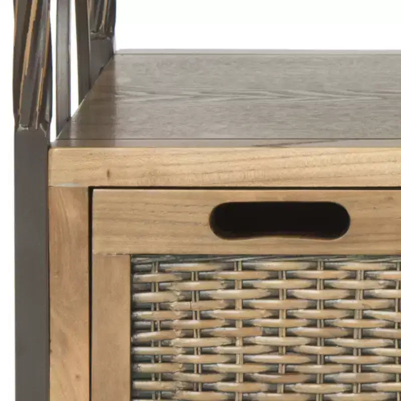 Pine Wood Media Console with Wicker Drawer Fronts and Pewter Frame