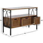 Pine Wood Media Console with Wicker Drawer Fronts and Pewter Frame