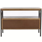 Pine Wood Media Console with Wicker Drawer Fronts and Pewter Frame