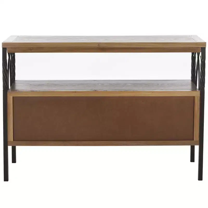Pine Wood Media Console with Wicker Drawer Fronts and Pewter Frame