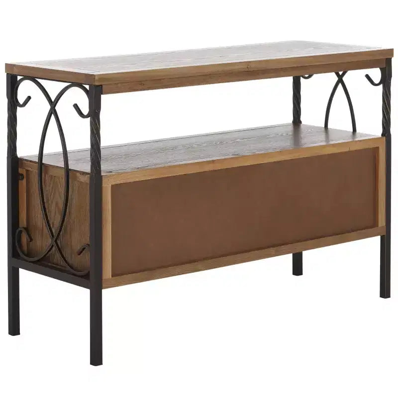 Pine Wood Media Console with Wicker Drawer Fronts and Pewter Frame
