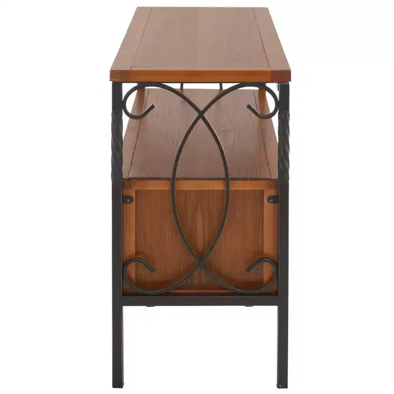 Pine Wood Media Console with Wicker Drawer Fronts and Pewter Frame
