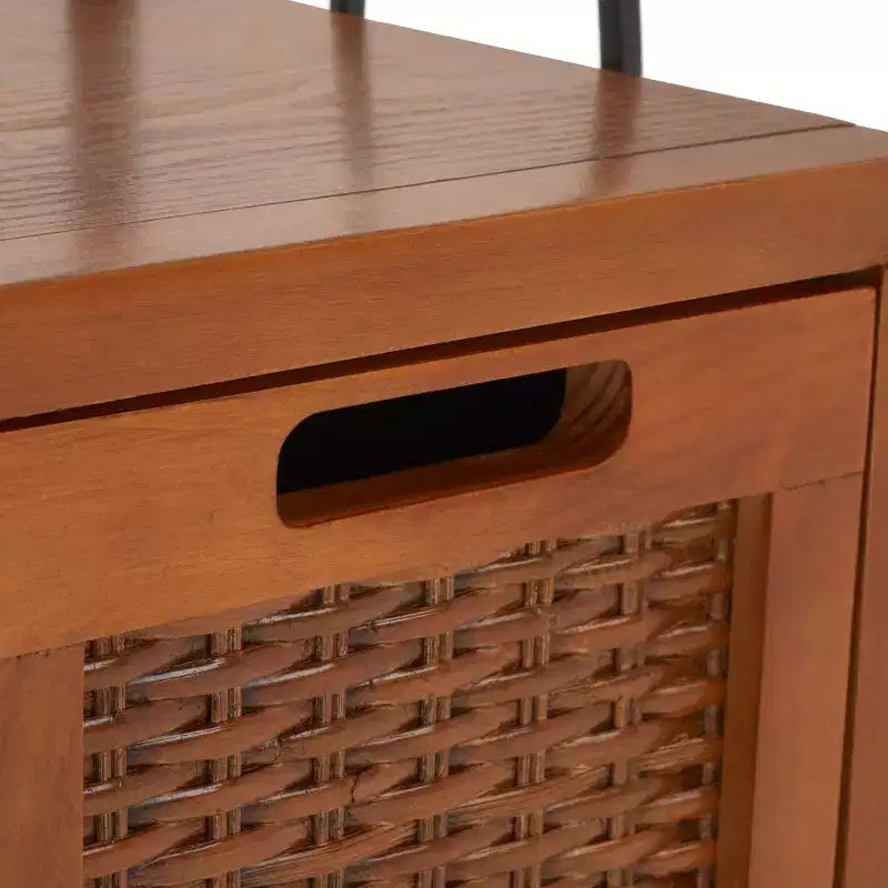 Pine Wood Media Console with Wicker Drawer Fronts and Pewter Frame