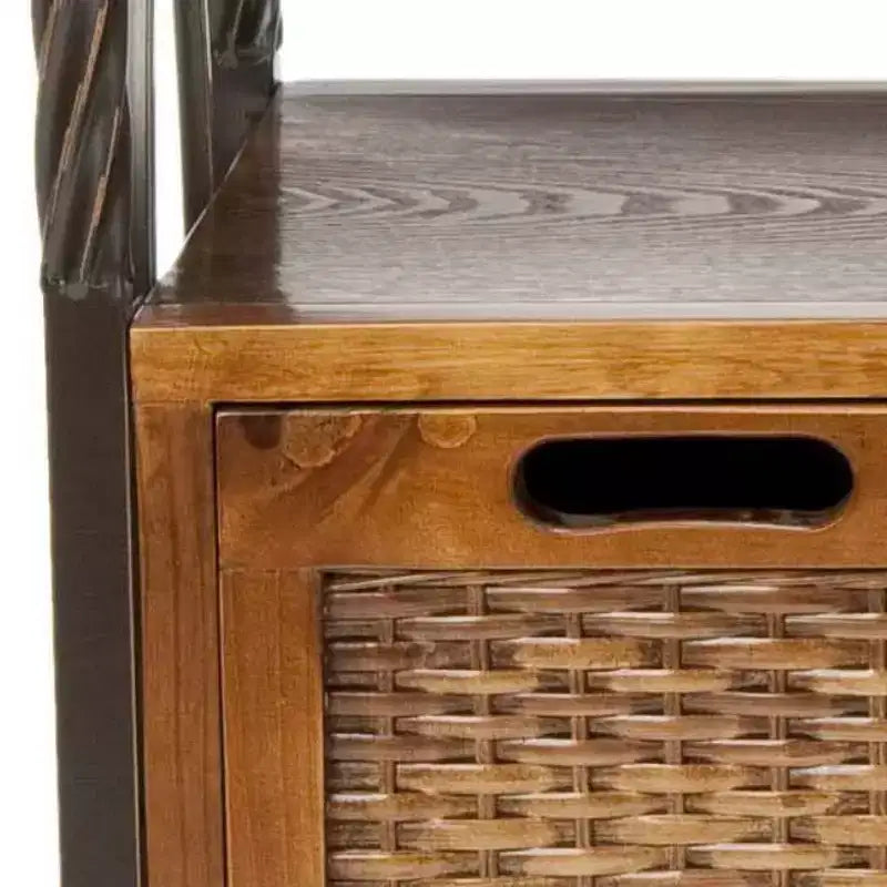 Pine Wood Media Console with Wicker Drawer Fronts and Pewter Frame