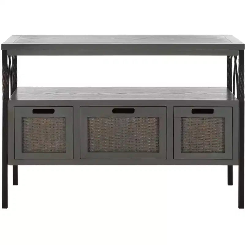 Pine Wood Media Console with Wicker Drawer Fronts and Pewter Frame