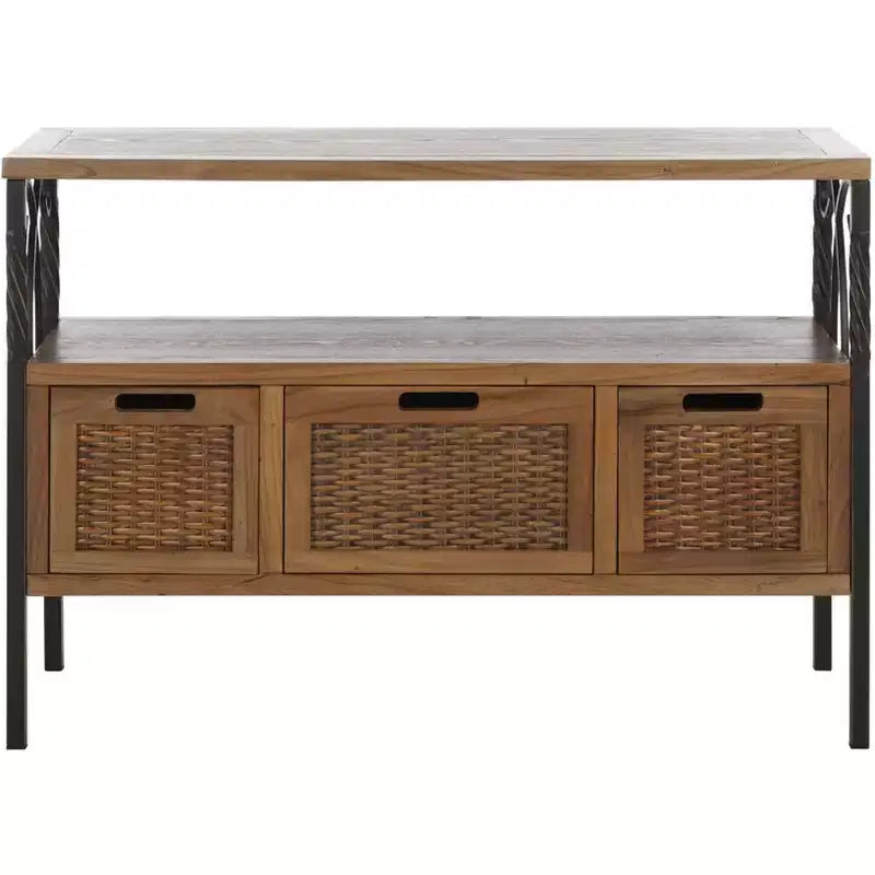 Pine Wood Media Console with Wicker Drawer Fronts and Pewter Frame