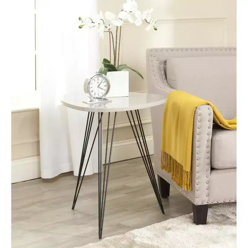 White Lacquer Top Side Table with Black Iron Hairpin Legs