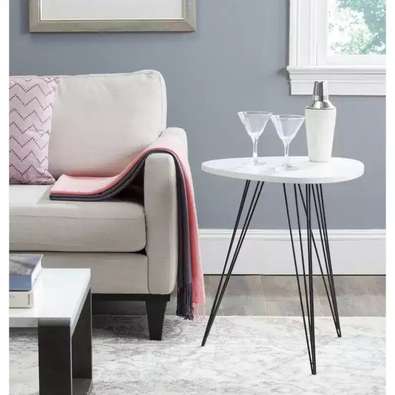 White Lacquer Top Side Table with Black Iron Hairpin Legs