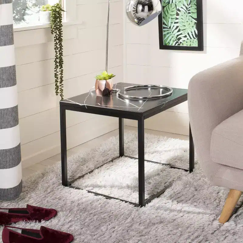 Marble Top Iron End Table, White and Grey