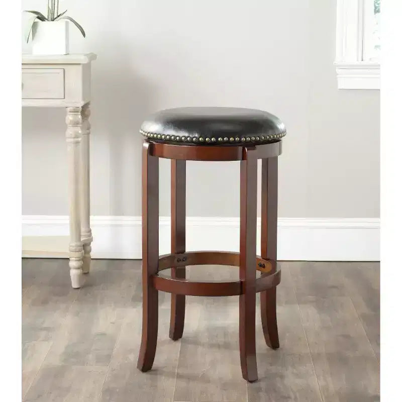 Cherry and Black Swivel Bar Stool with Nailhead Trim