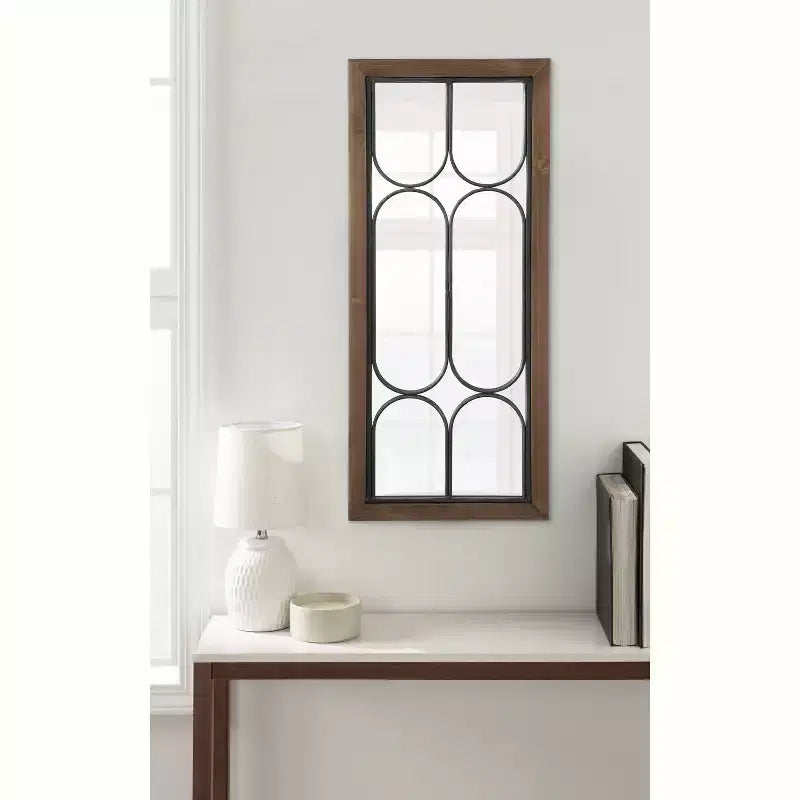 Walnut Brown Decorative Windowpane Mirror, 33.0 × 76.2 cm