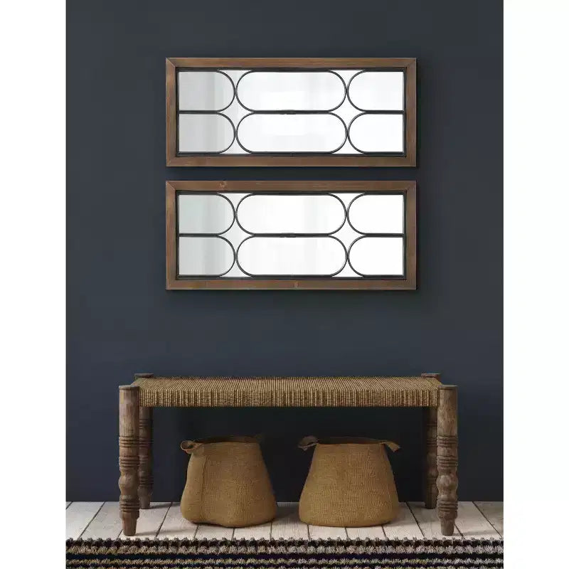 Walnut Brown Decorative Windowpane Mirror, 33.0 × 76.2 cm