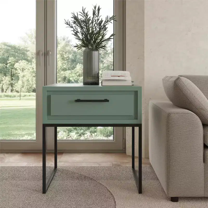 End Table with Storage Drawer and Black Metal Base