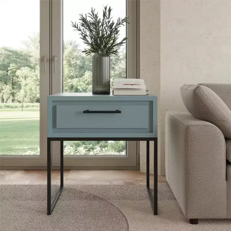 End Table with Storage Drawer and Black Metal Base