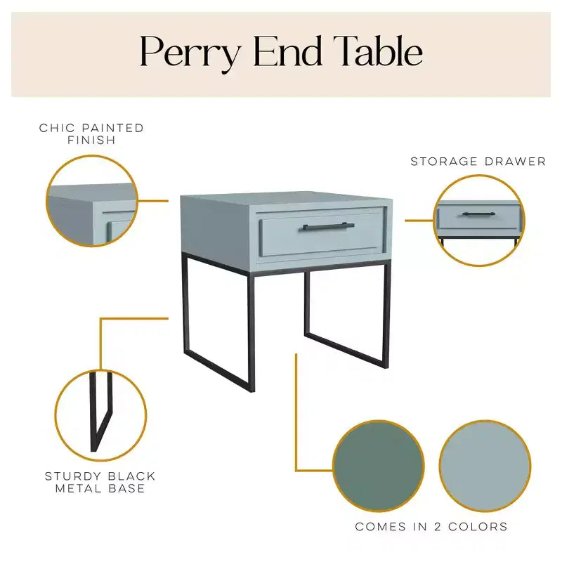 End Table with Storage Drawer and Black Metal Base