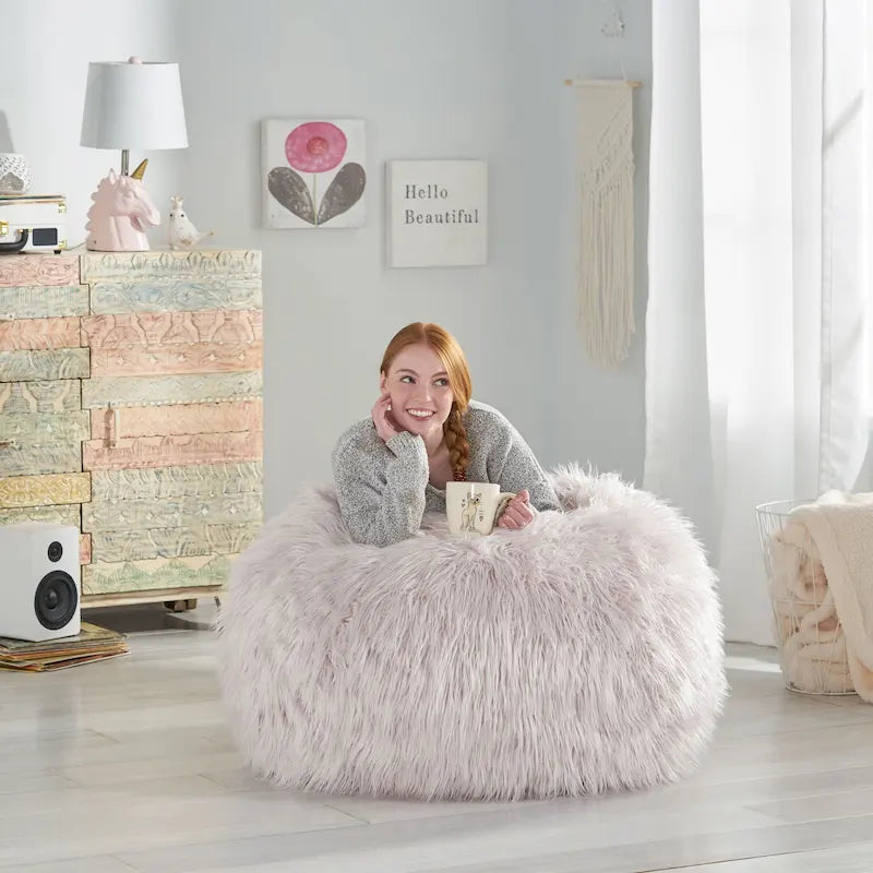 Poltrona Sacco in Ecopelliccia Shaggy, Posto Singolo – Grigio Argento / Rosa Beige / Lavanda / Bianco