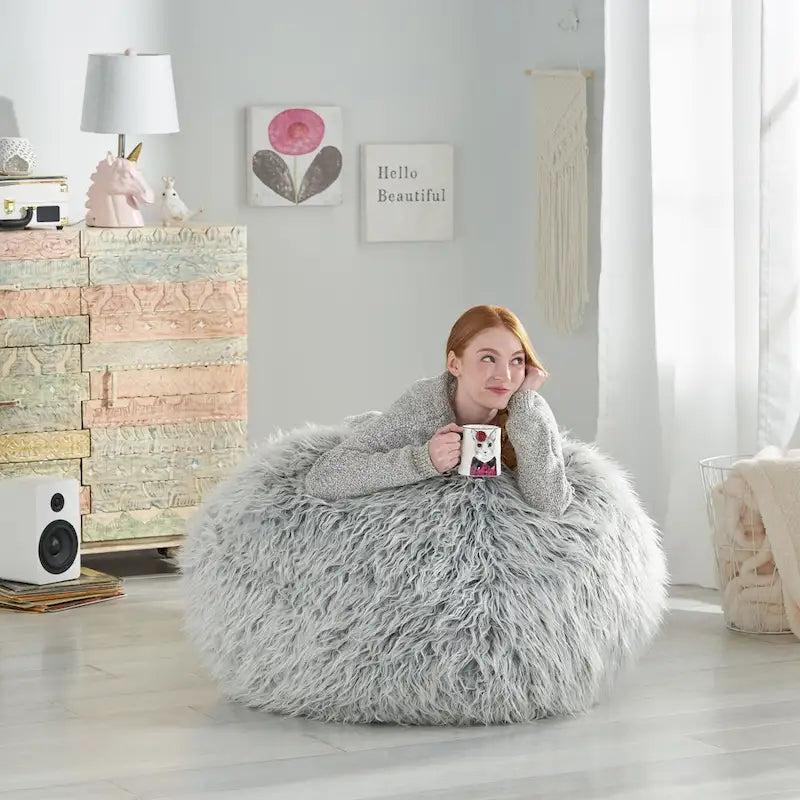 Poltrona Sacco in Ecopelliccia Shaggy, Posto Singolo – Grigio Argento / Rosa Beige / Lavanda / Bianco