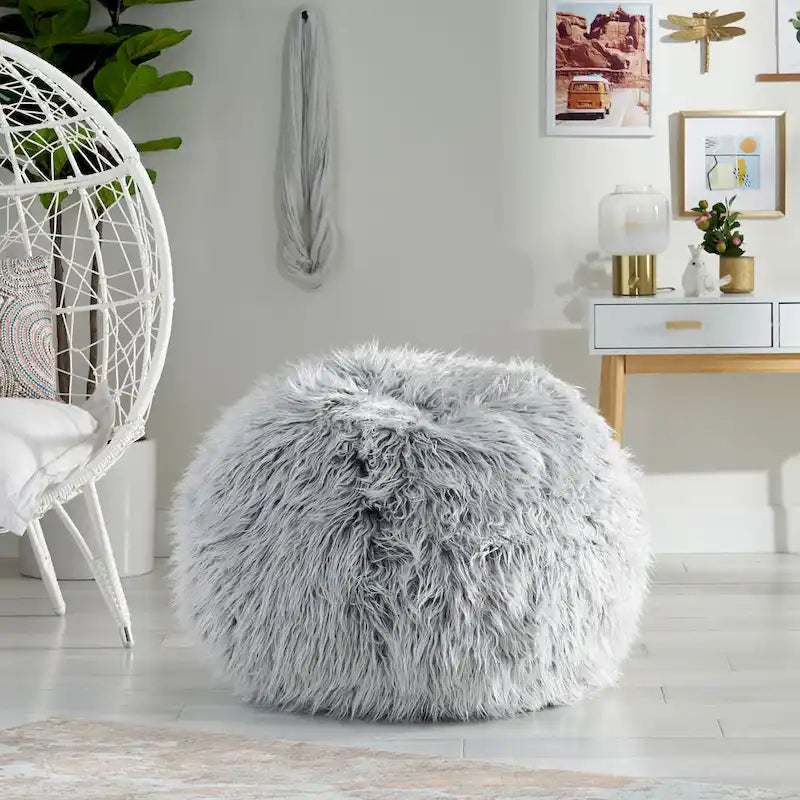 Poltrona Sacco in Ecopelliccia Shaggy, Posto Singolo – Grigio Argento / Rosa Beige / Lavanda / Bianco
