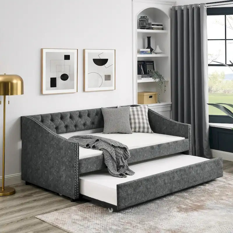 Divano Letto in Tessuto Trapuntato Beige/Grigio con Letto Estraibile – Matrimoniale/Una Piazza e Mezza, Posti a Sedere e Letto per 2 Persone