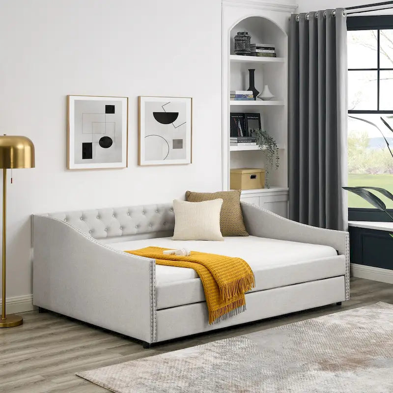 Divano Letto in Tessuto Trapuntato Beige/Grigio con Letto Estraibile – Matrimoniale/Una Piazza e Mezza, Posti a Sedere e Letto per 2 Persone