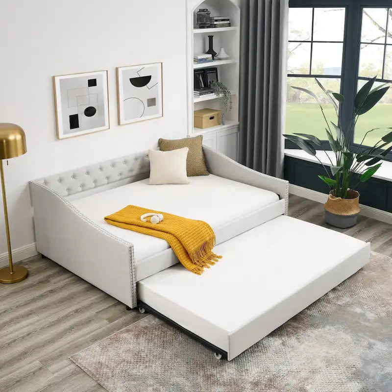 Divano Letto in Tessuto Trapuntato Beige/Grigio con Letto Estraibile – Matrimoniale/Una Piazza e Mezza, Posti a Sedere e Letto per 2 Persone