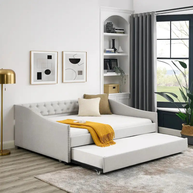 Divano Letto in Tessuto Trapuntato Beige/Grigio con Letto Estraibile – Matrimoniale/Una Piazza e Mezza, Posti a Sedere e Letto per 2 Persone