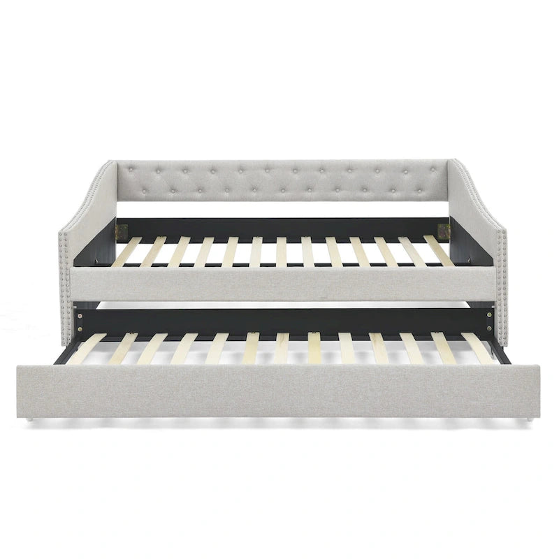 Divano Letto in Tessuto Trapuntato Beige/Grigio con Letto Estraibile – Matrimoniale/Una Piazza e Mezza, Posti a Sedere e Letto per 2 Persone