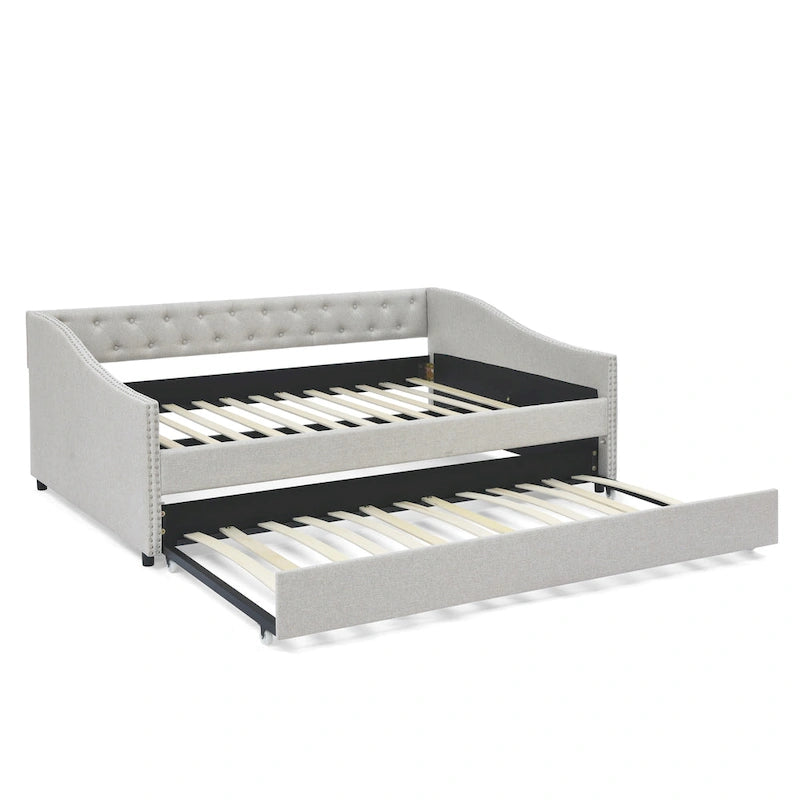 Divano Letto in Tessuto Trapuntato Beige/Grigio con Letto Estraibile – Matrimoniale/Una Piazza e Mezza, Posti a Sedere e Letto per 2 Persone