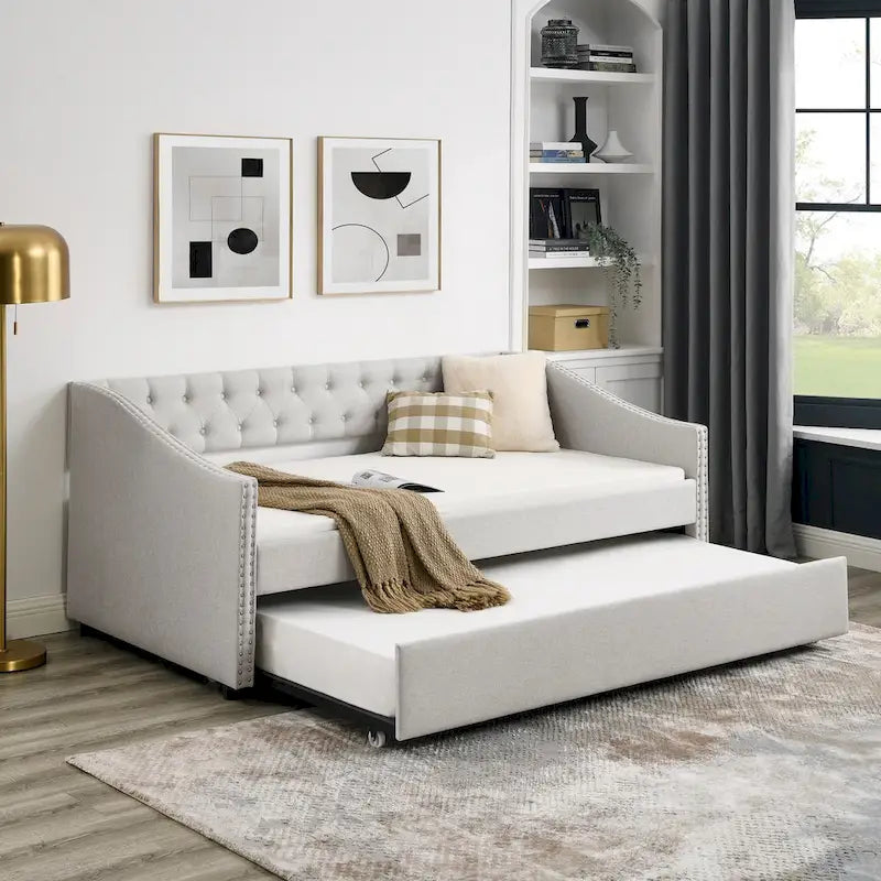 Divano Letto in Tessuto Trapuntato Beige/Grigio con Letto Estraibile – Matrimoniale/Una Piazza e Mezza, Posti a Sedere e Letto per 2 Persone