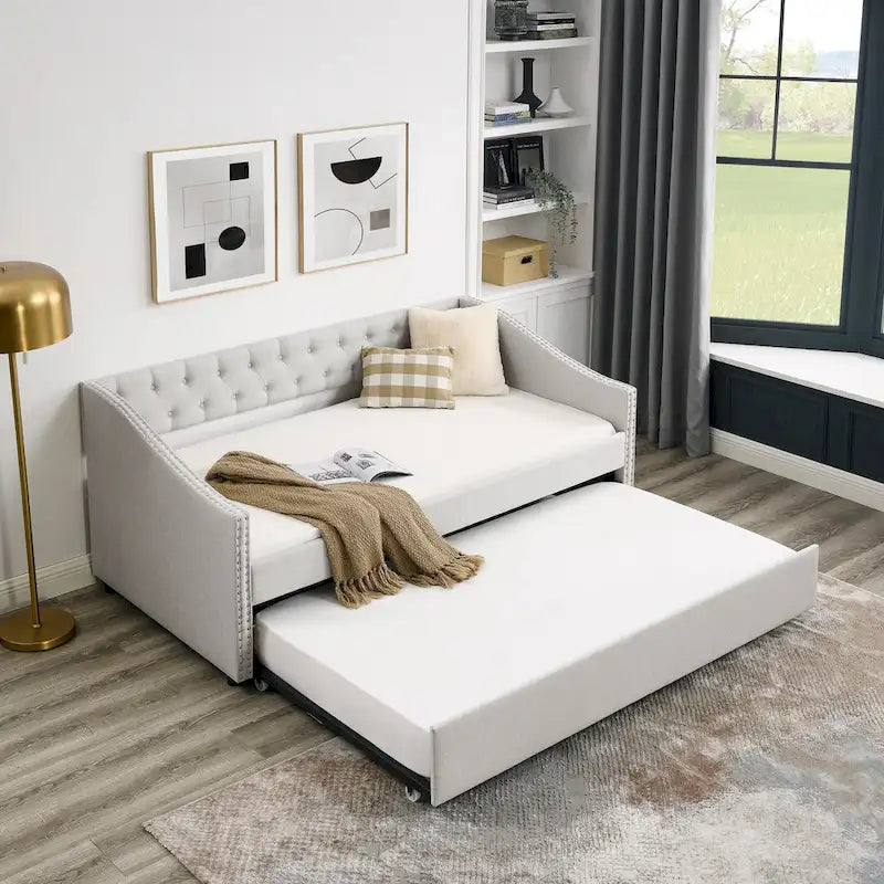 Divano Letto in Tessuto Trapuntato Beige/Grigio con Letto Estraibile – Matrimoniale/Una Piazza e Mezza, Posti a Sedere e Letto per 2 Persone
