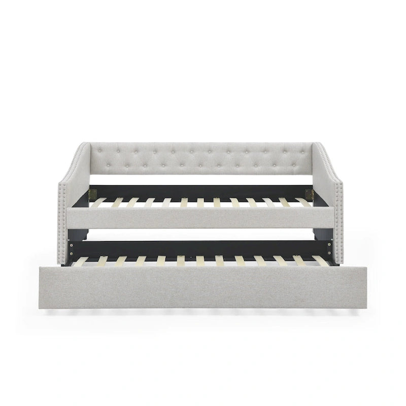 Divano Letto in Tessuto Trapuntato Beige/Grigio con Letto Estraibile – Matrimoniale/Una Piazza e Mezza, Posti a Sedere e Letto per 2 Persone