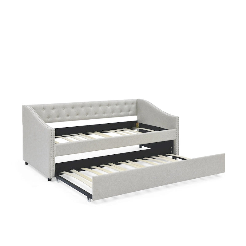 Divano Letto in Tessuto Trapuntato Beige/Grigio con Letto Estraibile – Matrimoniale/Una Piazza e Mezza, Posti a Sedere e Letto per 2 Persone