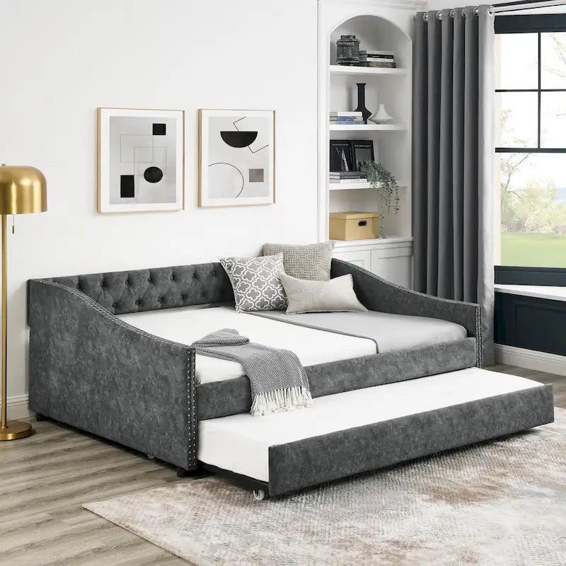 Divano Letto in Tessuto Trapuntato Beige/Grigio con Letto Estraibile – Matrimoniale/Una Piazza e Mezza, Posti a Sedere e Letto per 2 Persone