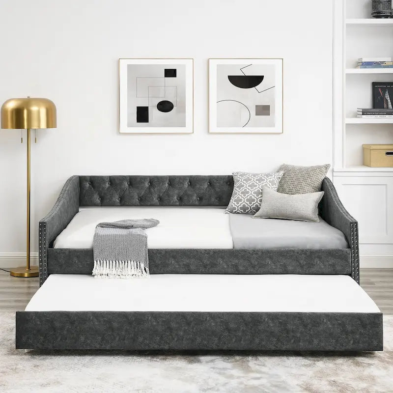 Divano Letto in Tessuto Trapuntato Beige/Grigio con Letto Estraibile – Matrimoniale/Una Piazza e Mezza, Posti a Sedere e Letto per 2 Persone