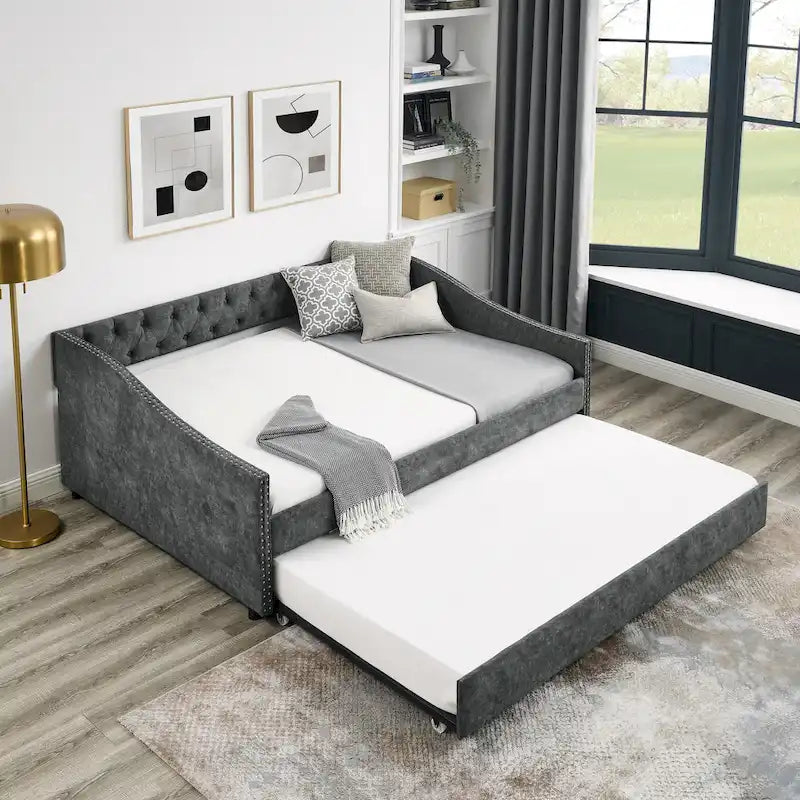 Divano Letto in Tessuto Trapuntato Beige/Grigio con Letto Estraibile – Matrimoniale/Una Piazza e Mezza, Posti a Sedere e Letto per 2 Persone