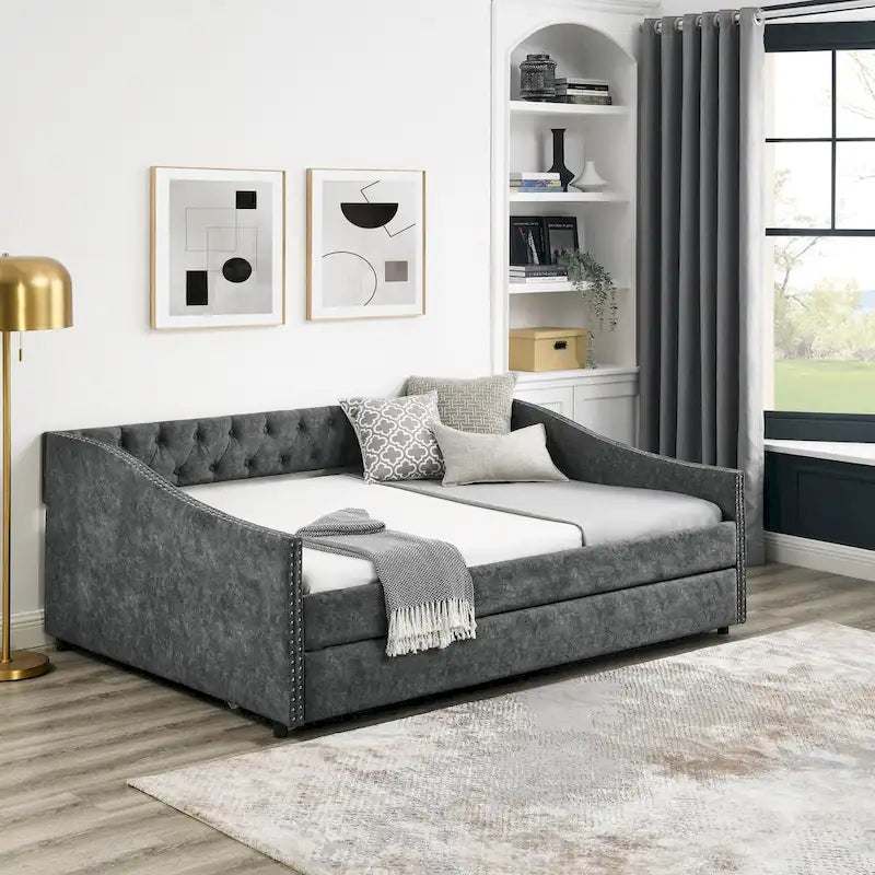 Divano Letto in Tessuto Trapuntato Beige/Grigio con Letto Estraibile – Matrimoniale/Una Piazza e Mezza, Posti a Sedere e Letto per 2 Persone