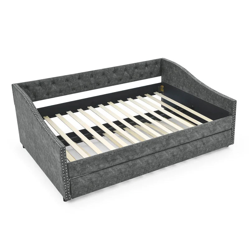 Divano Letto in Tessuto Trapuntato Beige/Grigio con Letto Estraibile – Matrimoniale/Una Piazza e Mezza, Posti a Sedere e Letto per 2 Persone