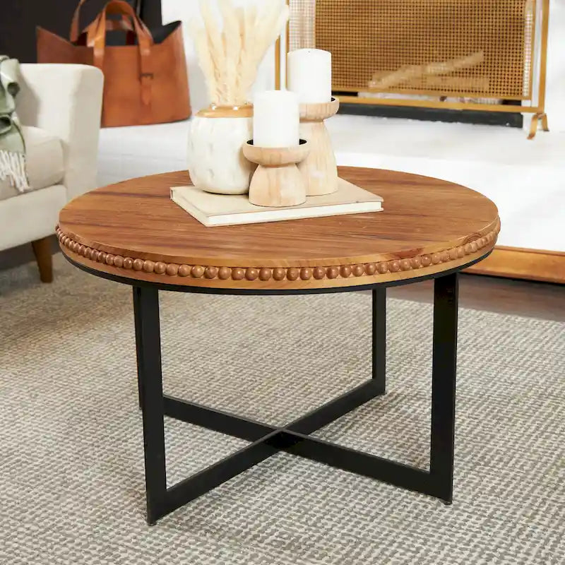 Tavolino da Caffè Rotondo Marrone, Piano in Legno e Base a X in Metallo Nero, Stile Industriale